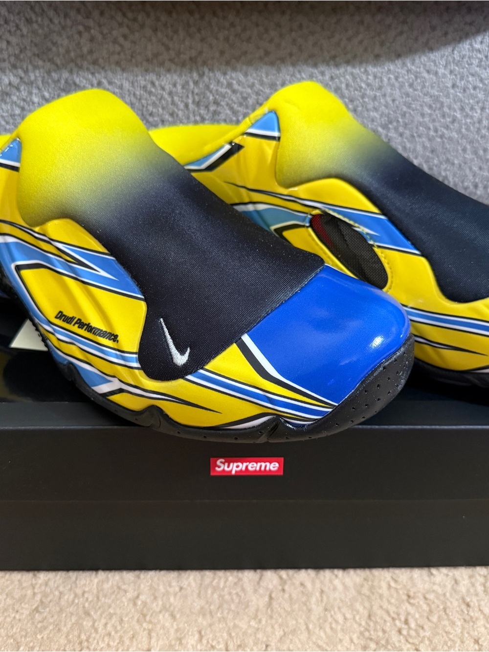 Supreme Yellow & Blue Slip-On Sneakers with Black Mid-Panel